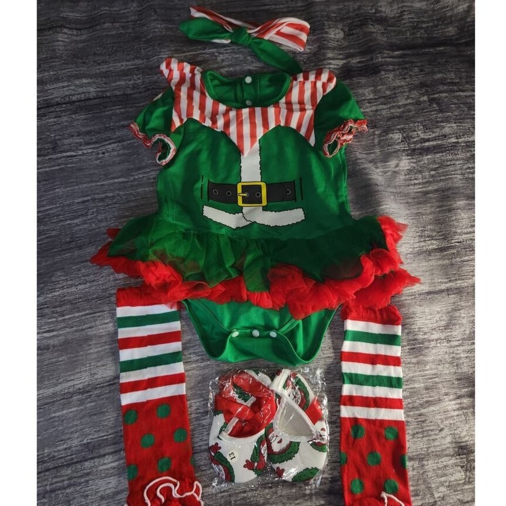 Baby Elf Outfit Christmas Tutu‎ Romper Headband Leg Warmers Slipper Set 12-18 m